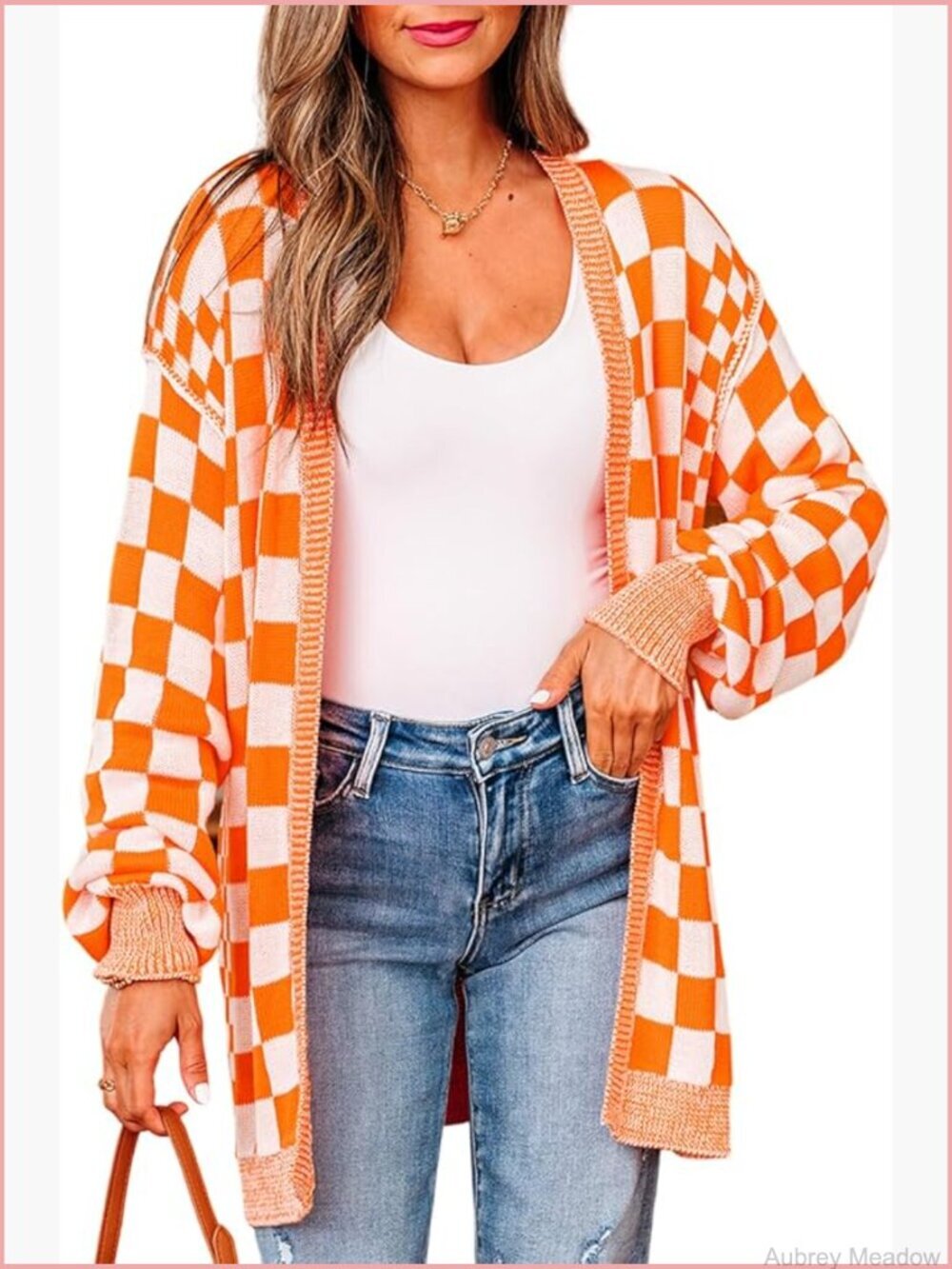 Oversized Checkered Color Block Knit Cardigan Open Front Sweater